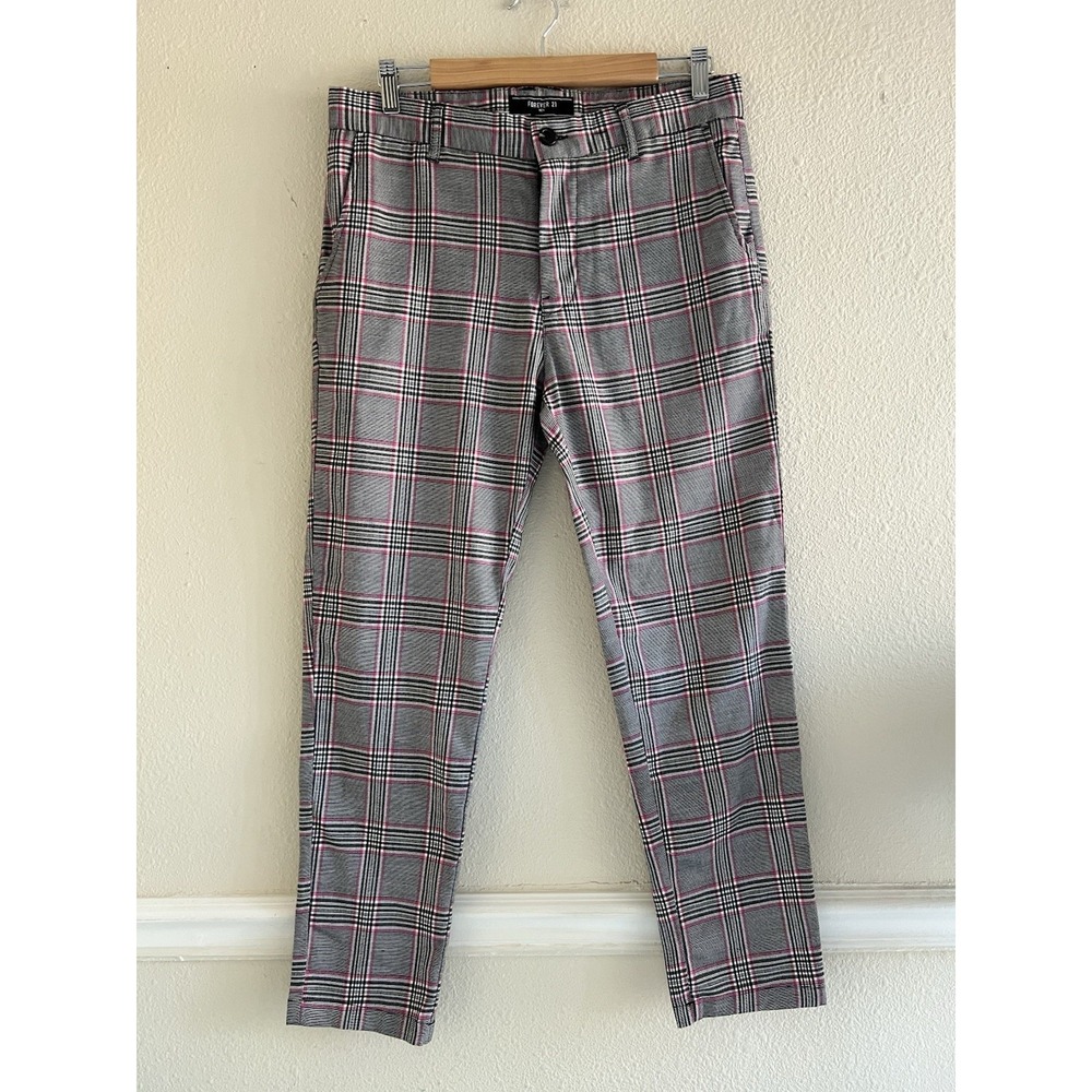 Forever 21 Men's Size 33 Grey Pink Glen Plaid Trousers Dress Pants Academia